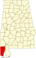 Kort over Alabama med Mobile County markeret