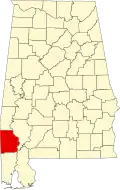 Kort over Alabama med Washington County markeret