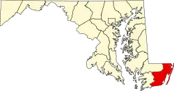 Kort over Maryland med Worcester County markeret