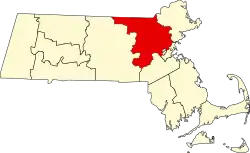 Kort over Massachusetts med Middlesex County markeret