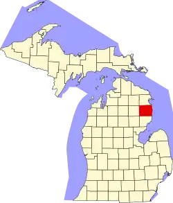 Kort over Michigan med Alcona County markeret