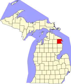 Kort over Michigan med Alpena County markeret
