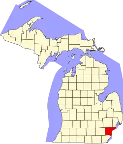 Kort over Michigan med Wayne County markeret