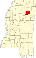 Kort over Mississippi med Chickasaw County markeret