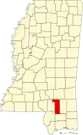 Kort over Mississippi med Forrest County markeret