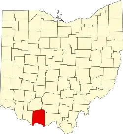 Kort over Ohio med Adams County markeret