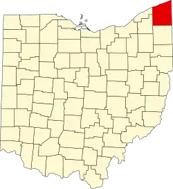 Kort over Ohio med Ashtabula County markeret