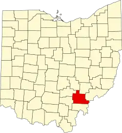 Kort over Ohio med Athens County markeret