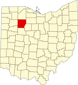 Kort over Ohio med Hancock County markeret