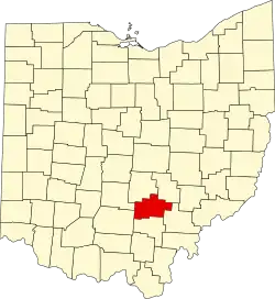 Kort over Ohio med Hocking County markeret