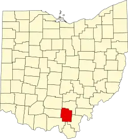 Kort over Ohio med Jackson County markeret
