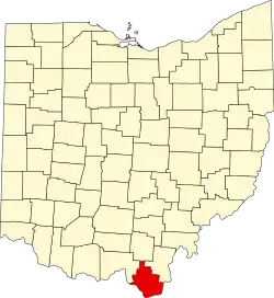 Kort over Ohio med Lawrence County markeret