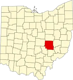 Kort over Ohio med Muskingum County markeret