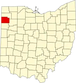 Kort over Ohio med Paulding County markeret