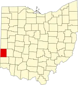 Kort over Ohio med Preble County markeret