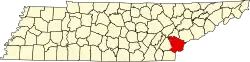Kort over Tennessee med Monroe County markeret