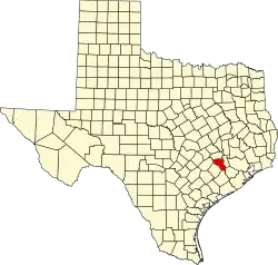 Kort over Texas med Austin County markeret