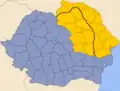 Kort over Rumænien samt det historiske Moldavien. Territorierne der tidligere tilhørte fyrstendømmet Moldavien er angivet med gult, og er i dag delt mellem Rumænien, Moldova og Ukraine. Rumæniens øvrige territorier er angivet med blåt