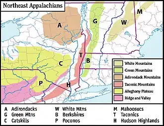 Hovedregionerne af den nordøstlige del af  Appalacherne. Adirondack ligger mod nordvest, og er markeret med A