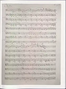page of music manuscript, completed in ink, with sixteen staves