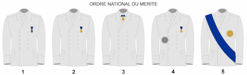 De fem grader, iført deres respektive ordensstegn (for mænd): 1 - Chevalier; 2 - Officier; 3 - Commandeur; 4 - Grand Officier; 5 - Grand Croix.