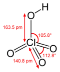 Perklorsyre-molekyle med bindingsvinkler og -længder angivet