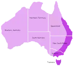 Kort over Næbdyrets udbredelse(Mørkelilla).