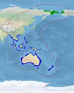 Grøn: Yngleområde Blå: Overvintringsområde Rød stiplet linje: Totalt forekomstområde