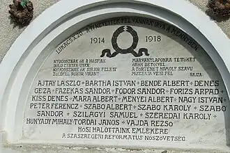 Plakette til ære for de ungarske helte fra Første Verdenskrig ved den reformerte kirke
