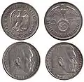5-Reichsmark mønter før (1936) og efter. Swastika er tilføjet (1938)