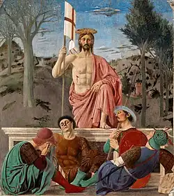 Kristi opstandelse af Piero della Francesca. o. 1460. Vægmaleri i fresko og tempera. 225×200&nbsp;cm. Museo Civico, Sansepolcro, Toscana (en)