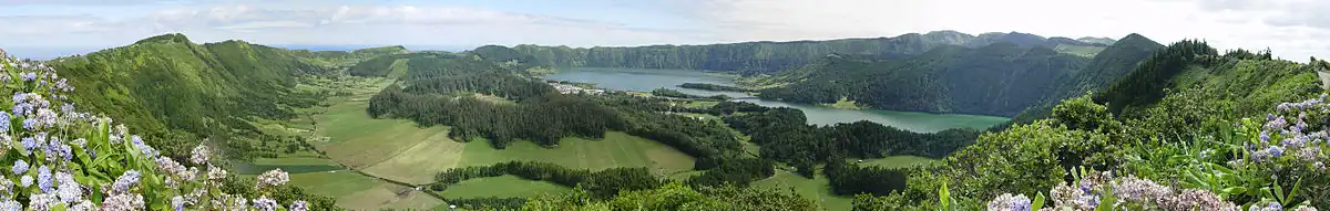 Panorama of the Sete Cidades Massif, showing the Green and Blue Lakes of the civil parish Sete Cidades