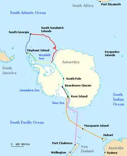 Outline of Antarctica coast, with different lines indicating the various journeys made by ships and land parties during the Imperial Trans-Antarctic Expedition