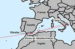 Diagram af den rute som skulle flyves af B-52'ere med atombomber om bord på vej til fjendtlige lande. Den forløber over Middelhavet og Italien inden den drejer nordpå over Adriaterhavet.