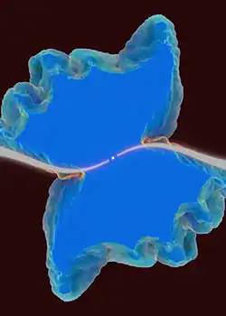 Centralstjernen har i hver retning dannet en S-formet hvid kurve. Et sommerfugle-lignende område omgiver S-kurven, som kommer til at svare til sommerfuglens krop.