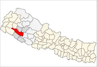 Surkhet District i Bheri Zone (grå) i Mid-Western Development Region (grå + lysegrå)