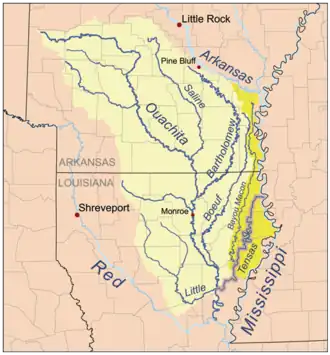 Ouachita/Tensas Rivers afvandingsområde. Ouachita løber sammen med  Tensas River nær Jonesville, Louisiana og kaldes på den nederste strækning Black River, og løber ud i Red River kort før dennes udløb i Mississippi River.