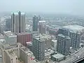 Højhusene i indre by St. Louis, set fra The Arch. Den store hal til højre i billedet er Edward Jones Dome, hvor St. Louis Rams spiller amerikansk fodbold for op til 70.000 tilskuere.