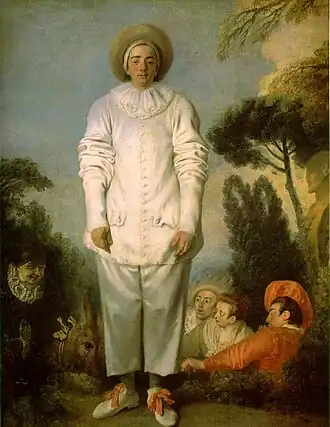 Pjerrot ("Gilles", commedia dell'arte-figur) af Antoine Watteau, o. 1718. Olie på lærred, 184×149&nbsp;cm. Louvre, Paris