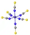 Crystal structure of [NiII(NCS)6]4-, a homoleptic complex of six isothiocyanate ligands.  Color code: blue = N, yellow = S.